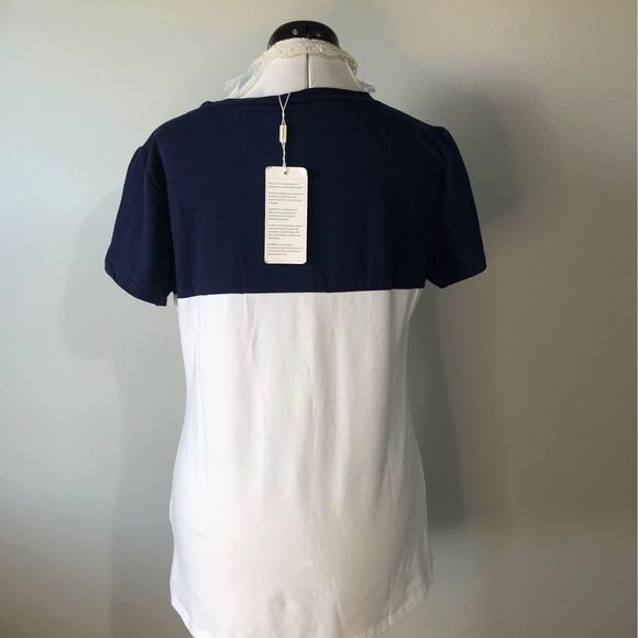 NWT Medium Sampeel Womens Short Sleeve Black White Brown Pocket Blouse C5560 - Picture 2 of 6